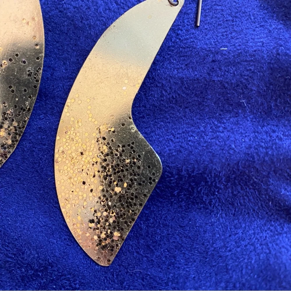 Large Gold Tone Abstract Puzzle Piece-like Earrings with Sparkles Pierced Ears